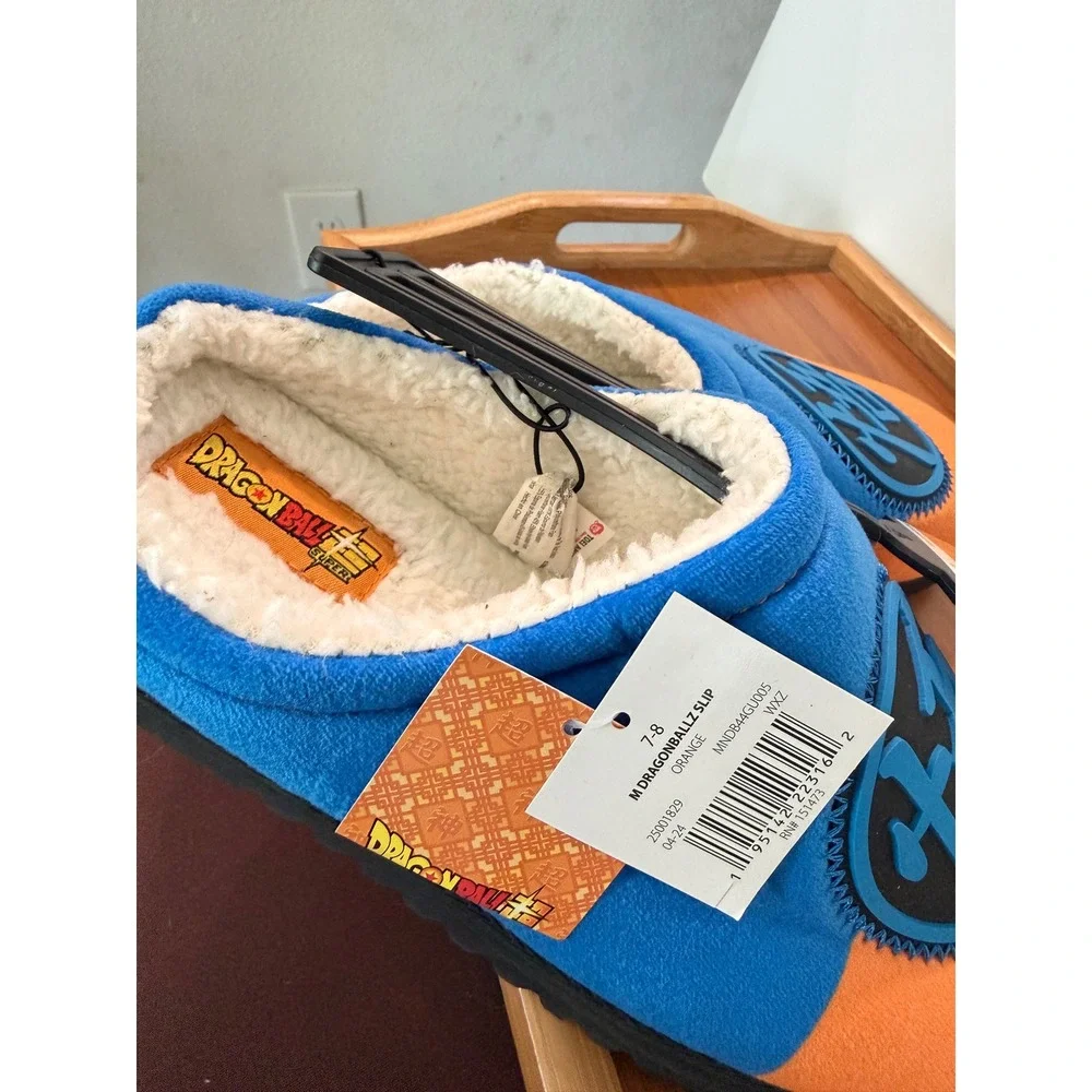 Dragon Ball Super Goku Slippers Mens 7-8 Blue Orange Kanji Faux Fur House Shoes